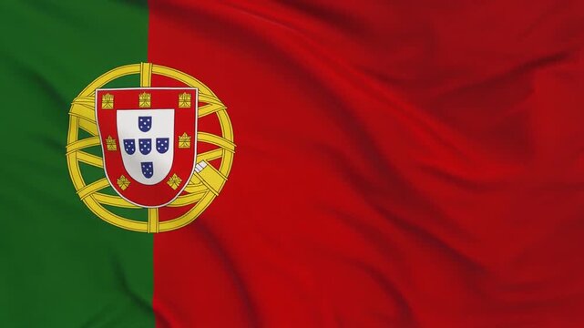 4K slow motion video of the Portuguese flag with green and red vertical fields and national coat of arms fluttering in the wind on a seamless bold red background with sharp textures cinematic lighting