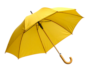 Closed Yellow Umbrella with Curved Handle, Angled Side View, isolated on transparent background.