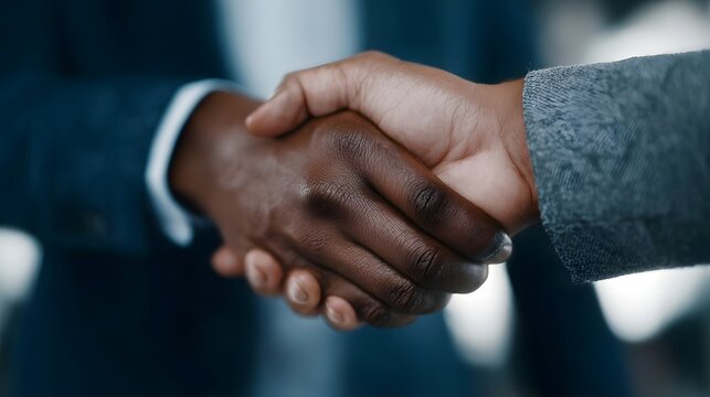 Two diverse business professionals shake hands in an office symbolizing a successful agreement partnership and investment deal