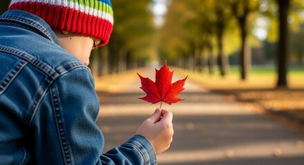 A child in a colorful beanie and denim jacket holds a vibrant red maple leaf in their hand, with a blurred park pathway lined with trees in the background.