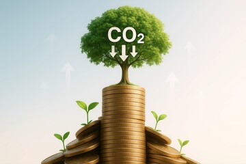 Green finance envisions sustainable investment with a tree absorbing CO2 emissions, symbolising ecological responsibility and financial growth for a cleaner future
