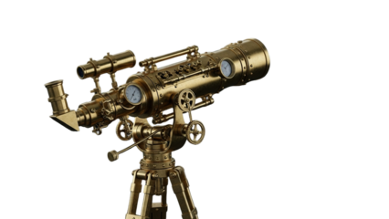 Intricate brass steampunk telescope with gauges and gears on tripod stand