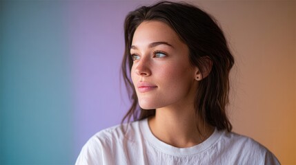Fototapeta premium A young woman gazes thoughtfully to the side, showcasing her natural beauty against a softly colored background. Ideal for beauty and lifestyle themes.