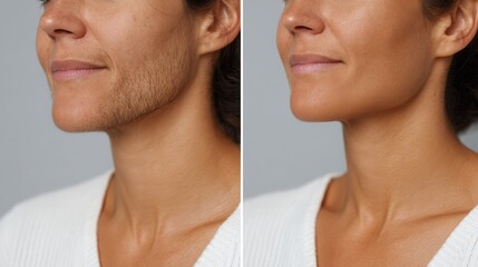 A woman showcasing her facial hair before and after grooming. The image highlights the transformation and beauty of personal care.