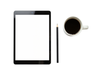 Modern tablet device with stylus and coffee cup workspace flat lay setup isolated on transparent background