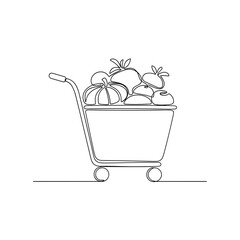 Shopping cart full of vegetables in line art style