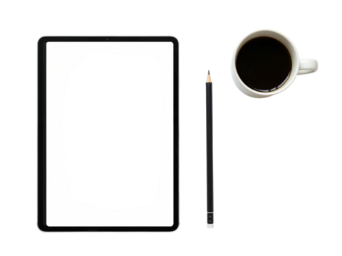 Modern workspace flat lay featuring tablet coffee mug and stylus pen top view isolated on transparent background - Powered by Adobe