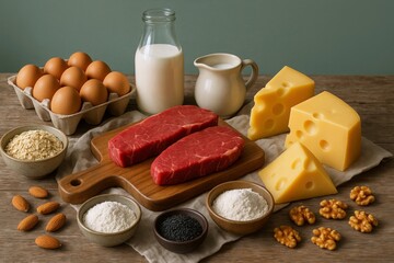 High-Protein Foods Arranged on Wooden Surface present a delicious and nutritious selection, showcasing eggs, steak, cheese, milk, nuts, and oats for healthy eating