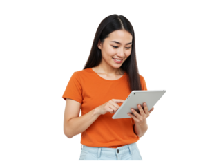 Smiling asian woman in orange shirt using a tablet computer for online activities isolated on transparent background