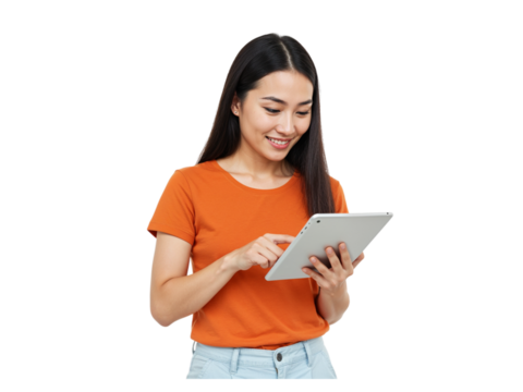 Smiling asian woman in orange shirt using a tablet computer for online activities isolated on transparent background