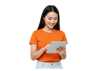 Smiling young woman in orange shirt interacting with a tablet computer isolated on transparent background