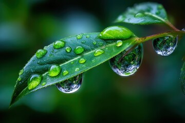 Green leaf with water droplets close up