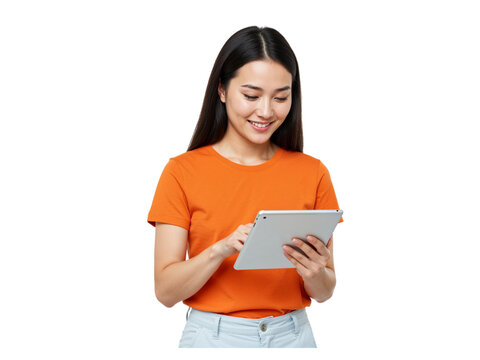 Smiling young woman in orange shirt interacting with a tablet computer isolated on transparent background