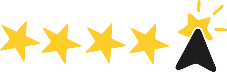 Five star rating with cursor click icon symbolizing customer feedback, online review, best quality service, satisfaction rating system, testimonial and user experience