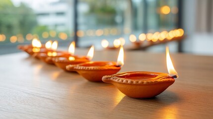 Traditional Diwali diyas arranged in a row with soft focus background, symbolizing light, indian festival, celebration. 