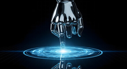 Robotic Hand Interacting with Holographic Touchscreen Interface on Dark Background