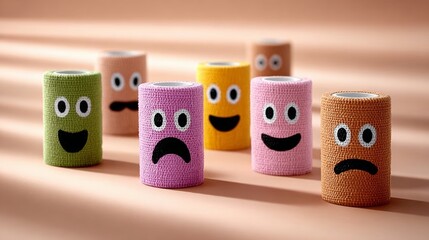 Group of colorful bandages with faces on them. The bandages are arranged in a row, with some of them smiling and others frowning. Scene is lighthearted and playful