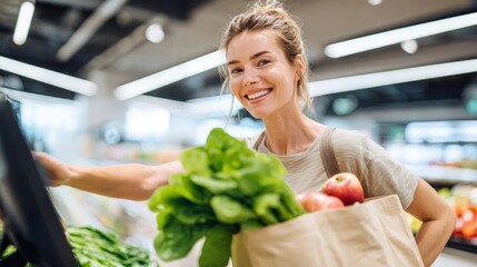 Young woman by grocery shopping with reusable bag of fresh produce. 