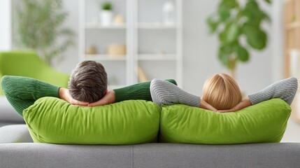 Caucasian couple relaxing on couch with green pillows at home. Cozy modern living room stress free lifestyle and peaceful home atmosphere. 