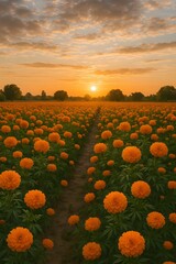 Vibrant Marigold Field at Sunset with Path Leading to Horizon in Rural Landscape