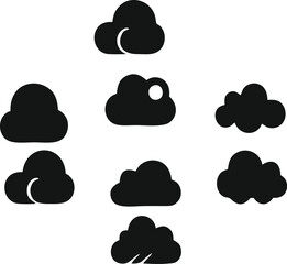 Set of simple black cloud icons in flat silhouette style representing weather forecast, sky elements, storm, rain, cloud computing and digital storage vector design