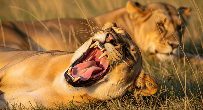 Yawning lioness resting in savanna grass at golden hour — close-up of big cat with open mouth - Powered by Adobe