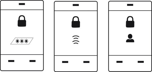 Modern smartphone security icons set showing password protection, biometric authentication, face recognition, and digital privacy technology for data safety and access