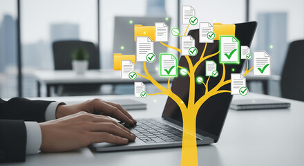 A person working on a laptop with a digital tree representing data storage. Digital innovation merges with efficient data management.