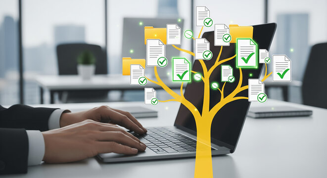 A person working on a laptop with a digital tree representing data storage. Digital innovation merges with efficient data management.
