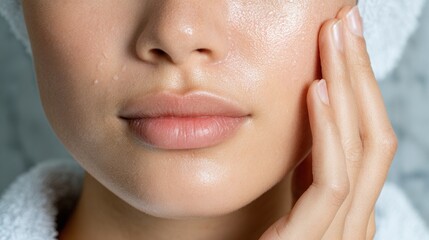 Naklejka premium A young woman gently touches her face, showcasing a skincare routine. The setting is calm and focused on beauty and self-care.