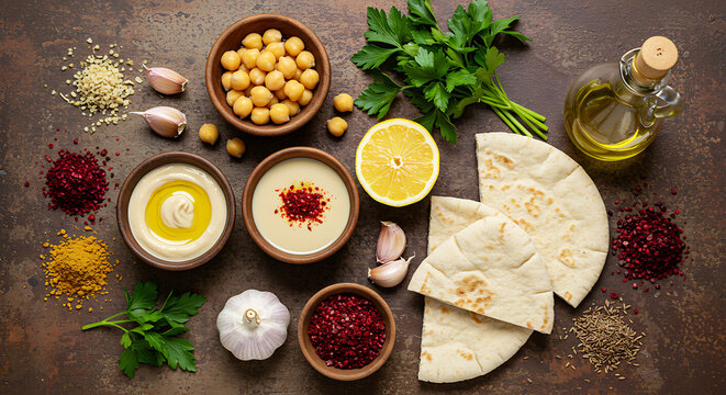 Flat lay of Middle Eastern mezze ingredients on a textured stone surface. Includes chickpeas, tahini, garlic, lemon, olive oil, parsley, pita bread, sumac, cumin. Warm, authentic mezze vibe.