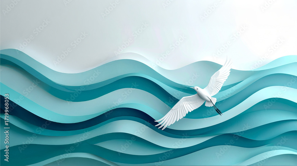 Poster a digital art rendering of a bird in flight over abstract, layered waves. this image captures concep