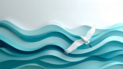 A digital art rendering of a bird in flight over abstract, layered waves. This image captures concepts of tranquility, nature, freedom, and environmental sustainability.