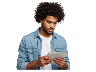 Man with afro using a tablet computer technology digital device isolated on transparent background