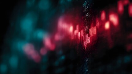 Digital screen displays a dynamic financial chart with red and teal glowing lights abstract bokeh background