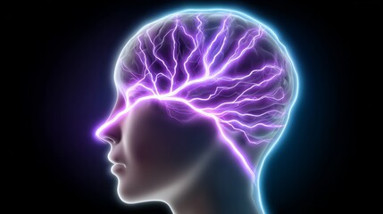 Person's brain is shown with purple lightning bolts coming out of it. This image conveys a sense of energy and power, as if the brain is constantly firing and processing information