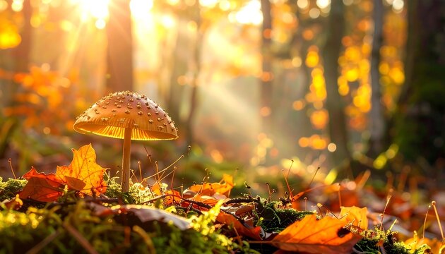 A sun-dappled forest floor scene with a single mushroom illuminated by golden rays amidst fallen leaves - Powered by Adobe