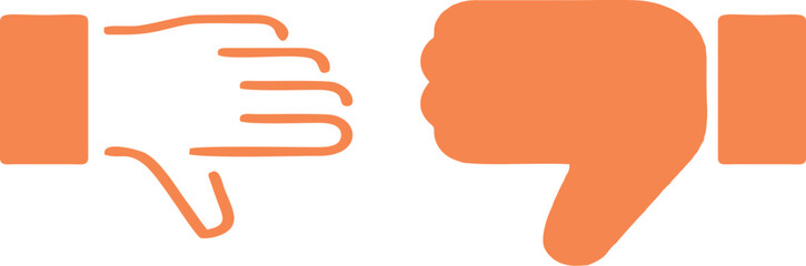 Thumbs down icons set in orange, outline and solid negative hand gesture symbols for dislike, rejection, bad rating, negative feedback, social media reaction and wrong choice illustration