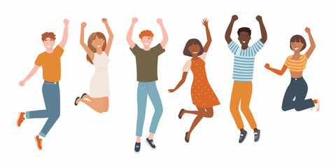 Diverse group of happy young people jumping in the air celebrating success and freedom