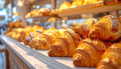 Freshly baked croissants displayed on a bakery counter