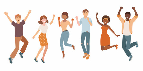 Diverse group of happy young adults jumping and celebrating together with arms raised