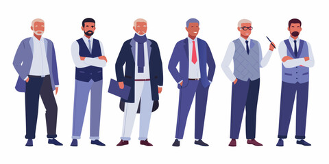 A diverse group of six stylish men in business attire standing together