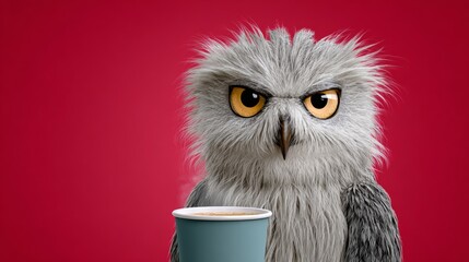 Cartoon owl is holding a cup of coffee. The owl has a scowl on its face and he is in a bad mood
