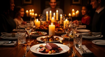 Fototapeta premium A family enjoys a candlelit dinner with a beautifully prepared meal, creating a warm and inviting atmosphere.