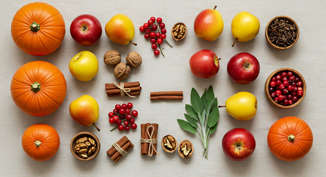 Flat lay of seasonal autumn harvest ingredients on rustic linen background. Includes pumpkins, apples, pears, walnuts, cinnamon sticks, cranberries, sage leaves. Cozy seasonal theme.