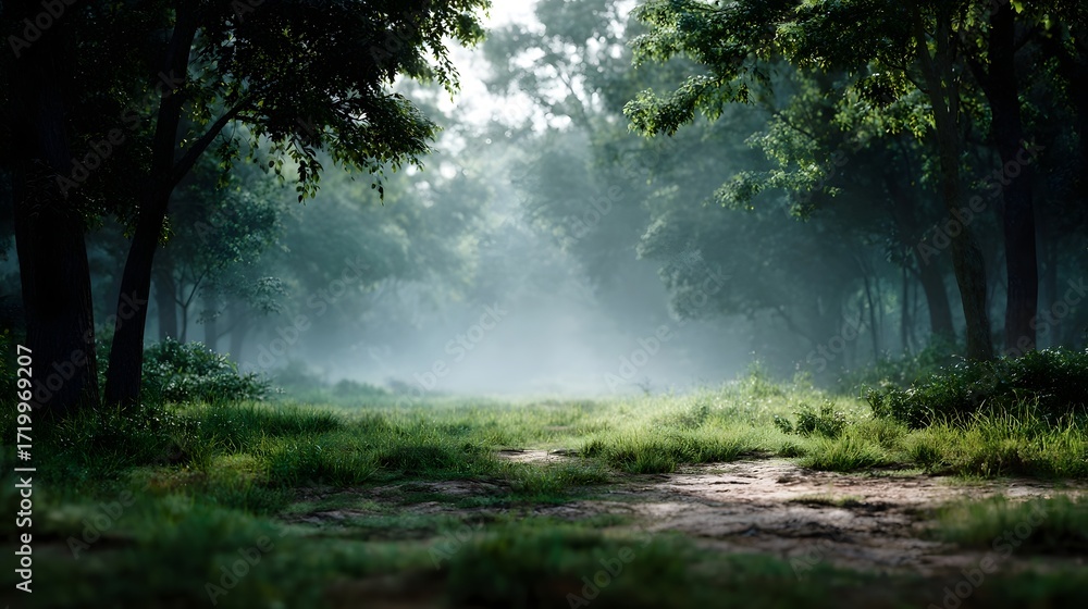 Poster a serene forest path bathed in ethereal morning sunlight with mist gently rising through the trees c