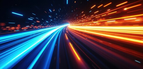 Vibrant streaks of blue and orange light blur into a fast moving tunnel