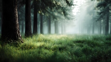 Fototapeta premium A serene forest clearing bathed in soft morning sunlight filtering through misty trees