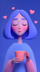 3D illustration of girl with cup and hearts. Self love, relaxation, mindfulness, positive emotions.