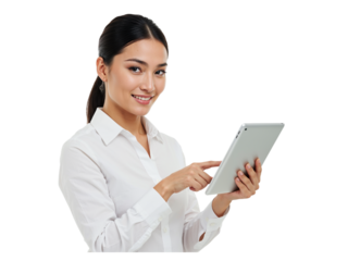 Smiling asian woman in white lab coat using digital tablet for work and innovation isolated on transparent background
